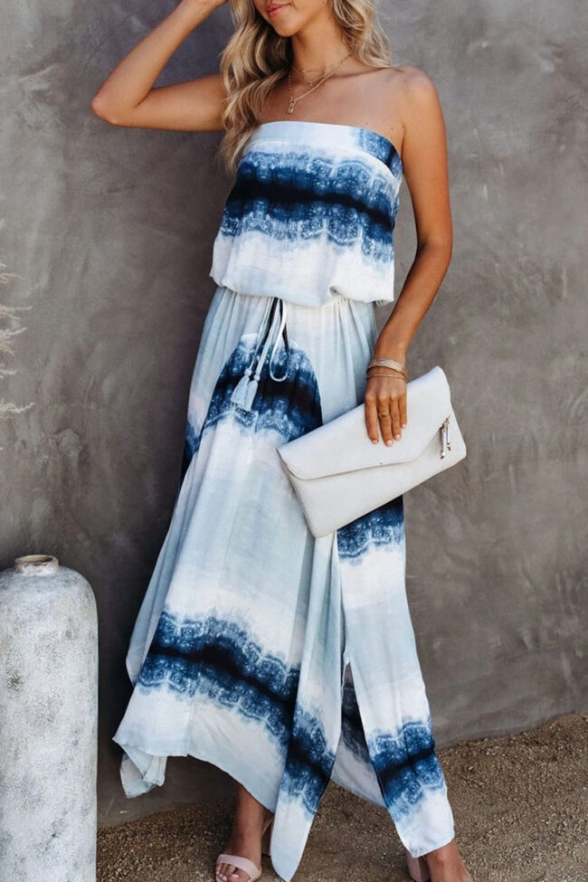 Fashion Street Tie Dye Split Joint Strapless A Line Dresses