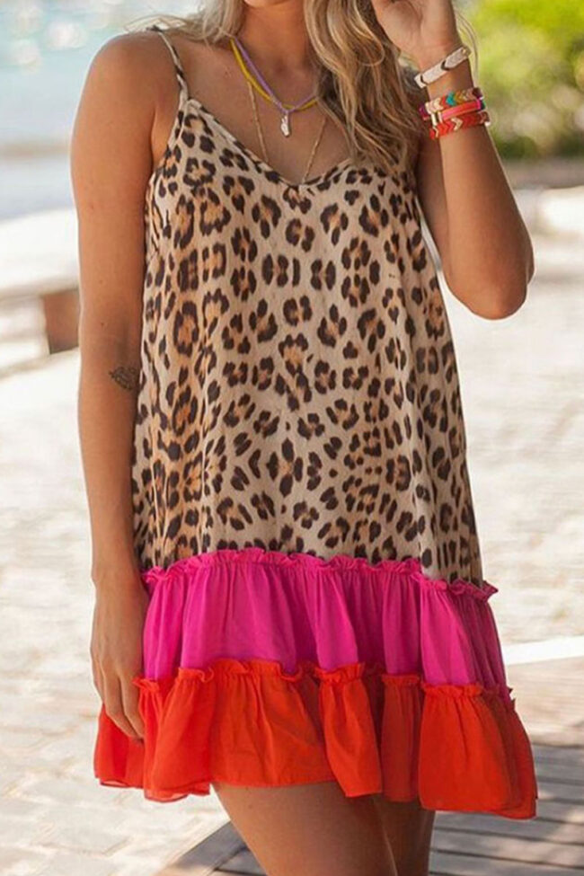 Fashion Street Leopard Split Joint V Neck A Line Dresses