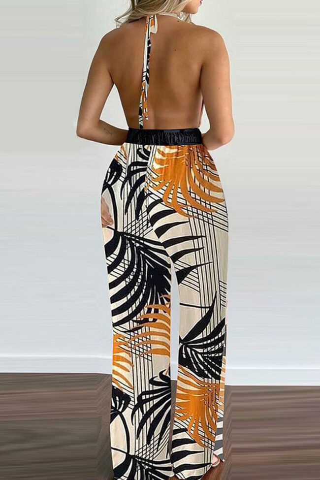 Fashion Simplicity Print Backless V Neck Loose Jumpsuits