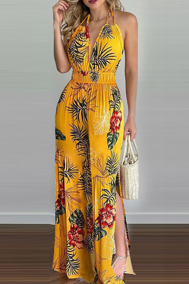 Fashion Simplicity Print Backless V Neck Loose Jumpsuits