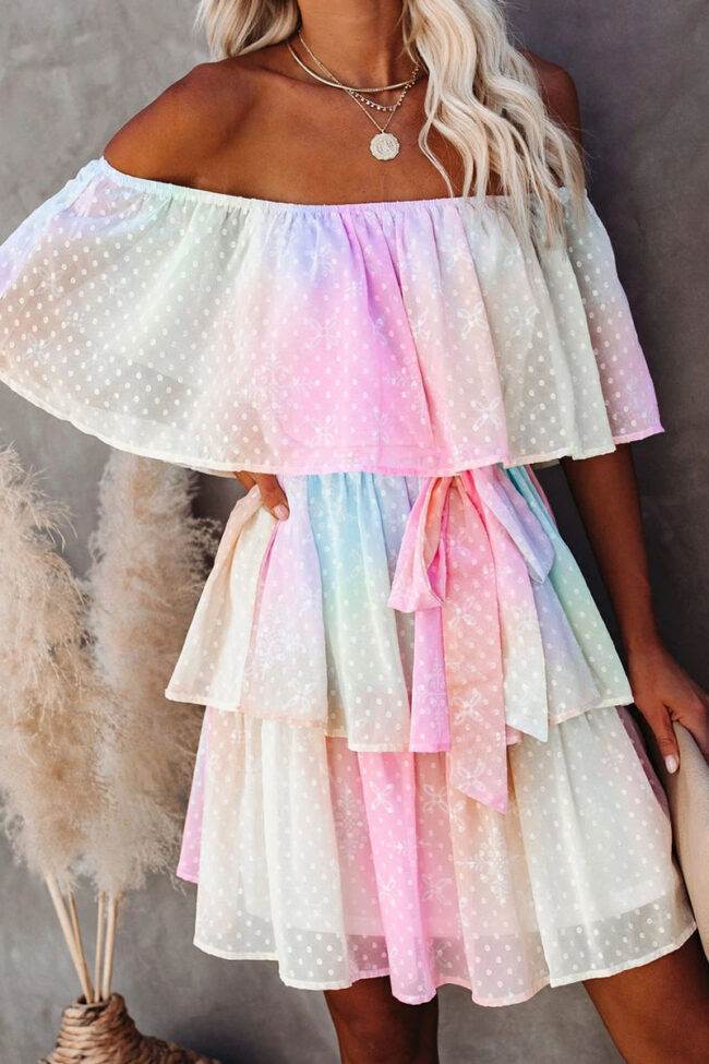 Street Tie Dye Split Joint Off the Shoulder Cake Skirt Dresses