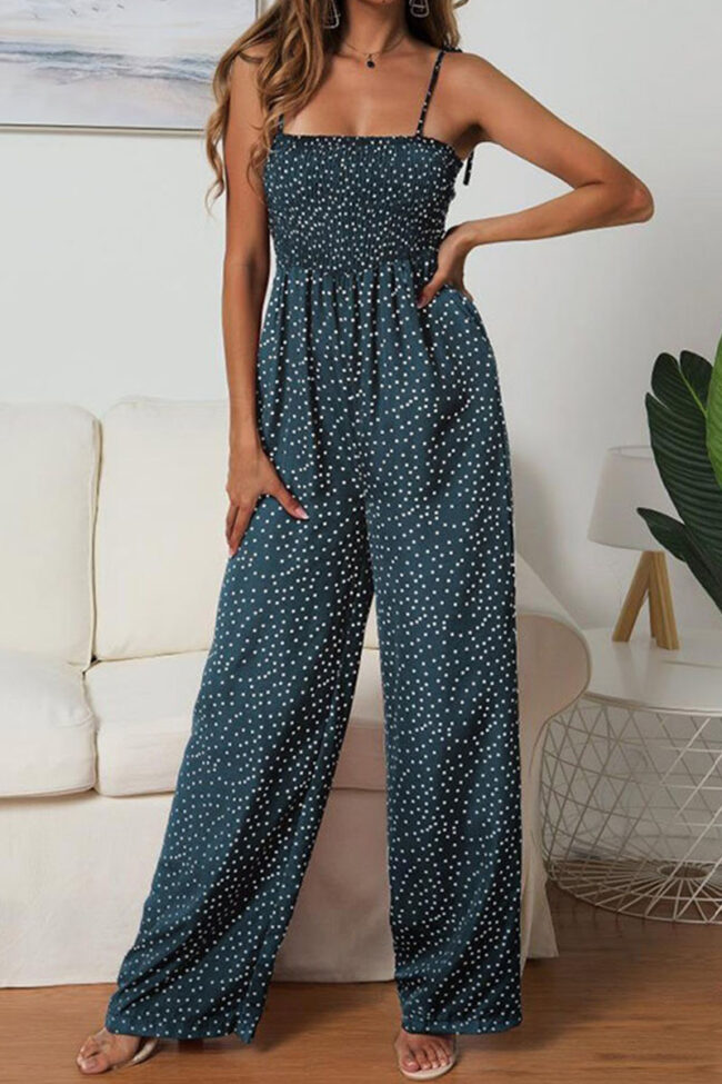 Fashion Street Print Split Joint Spaghetti Strap Loose Jumpsuits