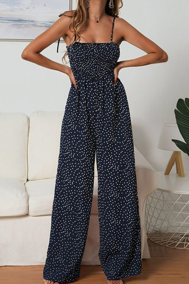 Fashion Street Print Split Joint Spaghetti Strap Loose Jumpsuits