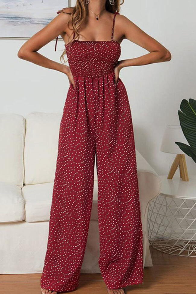 Fashion Street Print Split Joint Spaghetti Strap Loose Jumpsuits