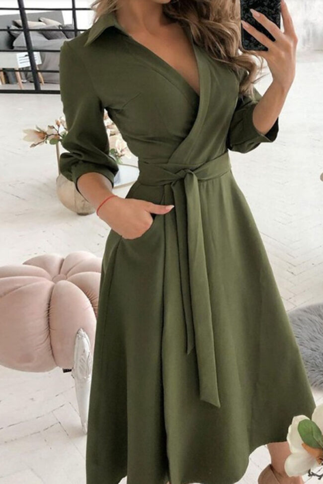 Fashion Casual Solid Frenulum V Neck A Line Dresses