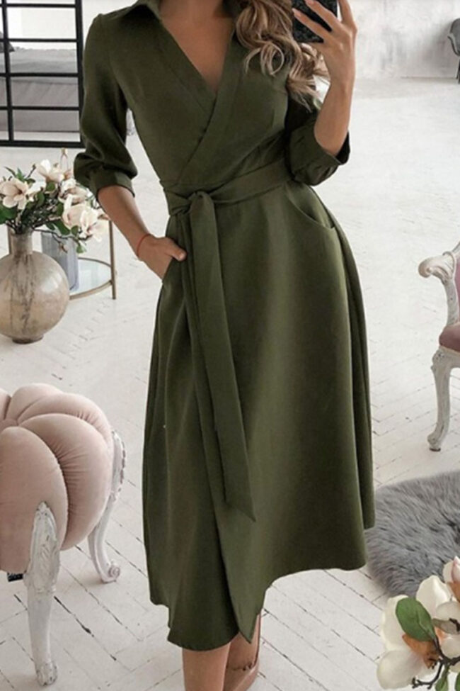 Fashion Casual Solid Frenulum V Neck A Line Dresses