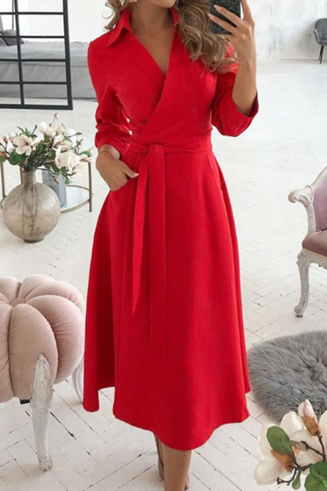 Fashion Casual Solid Frenulum V Neck A Line Dresses