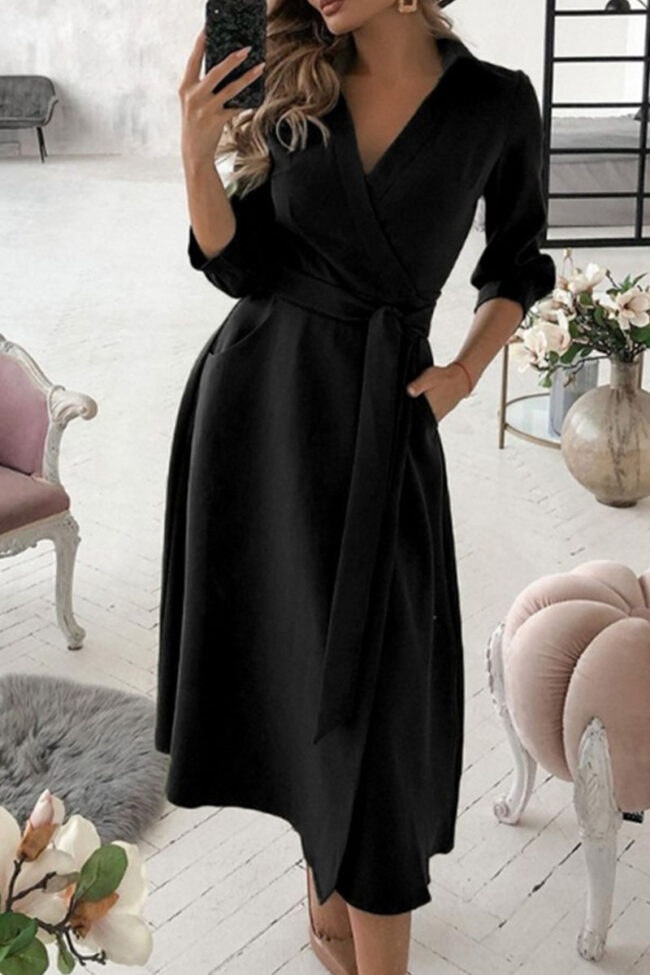 Fashion Casual Solid Frenulum V Neck A Line Dresses