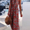 Fashion Bohemian Print Split Joint Halter Pleated Dresses