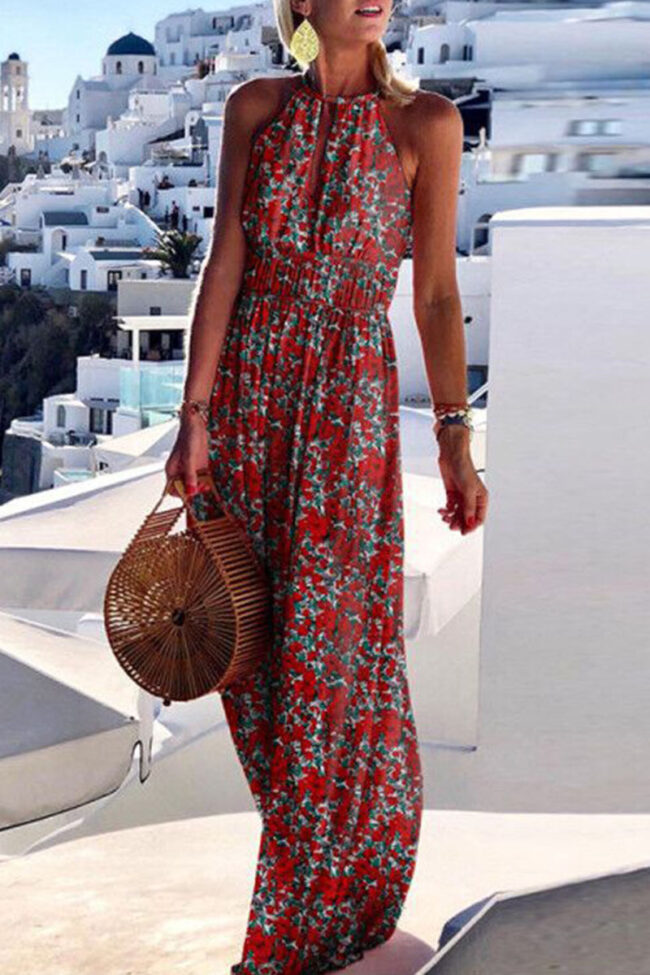 Fashion Bohemian Print Split Joint Halter Pleated Dresses