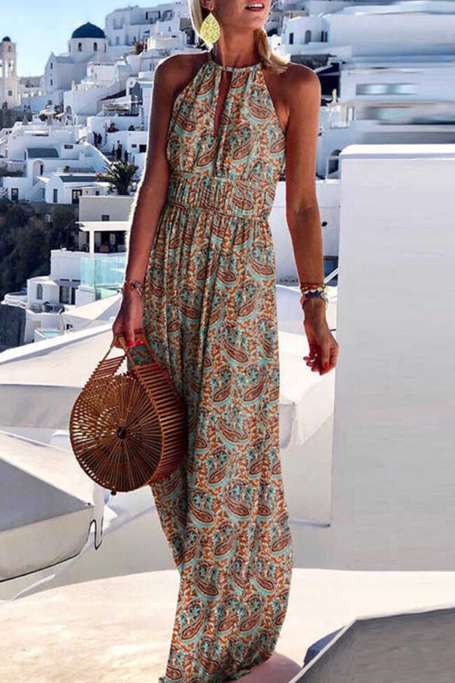 Fashion Bohemian Print Split Joint Halter Pleated Dresses