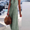 Fashion Bohemian Print Split Joint Halter Pleated Dresses