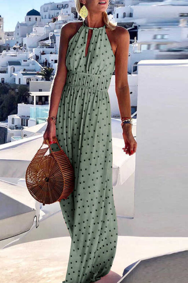 Fashion Bohemian Print Split Joint Halter Pleated Dresses