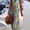 Fashion Bohemian Print Split Joint Halter Pleated Dresses