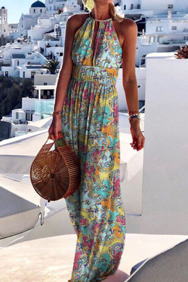 Fashion Bohemian Print Split Joint Halter Pleated Dresses