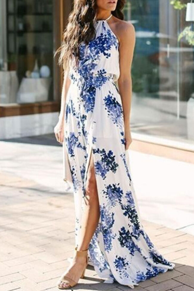 Fashion Elegant Print Split Joint Halter Printed Dresses