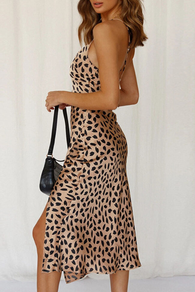 Fashion Street Leopard Slit Spaghetti Strap Pencil Skirt Dresses