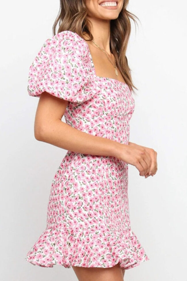 Fashion Sweet Print Split Joint Square Collar A Line Dresses