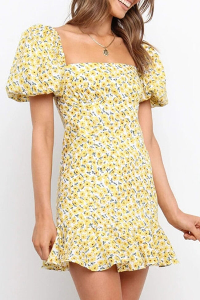 Fashion Sweet Print Split Joint Square Collar A Line Dresses