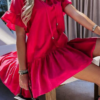 Sweet Solid Tassel Split Joint Flounce V Neck A Line Dresses