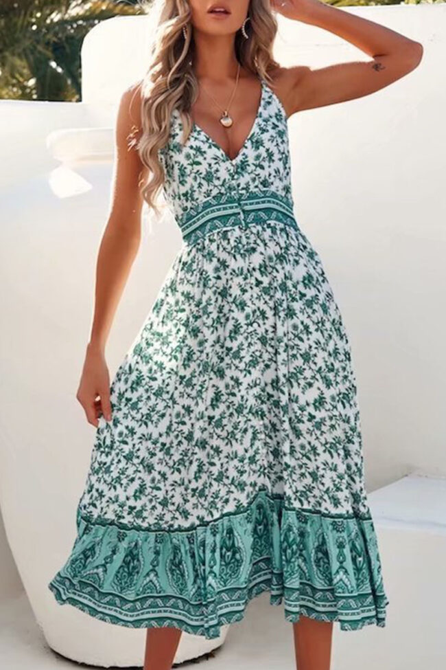 Fashion Street Print Split Joint V Neck A Line Dresses