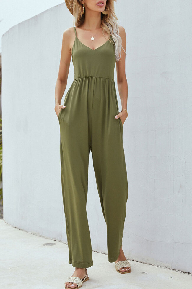 Fashion Street Solid Split Joint V Neck Loose Jumpsuits