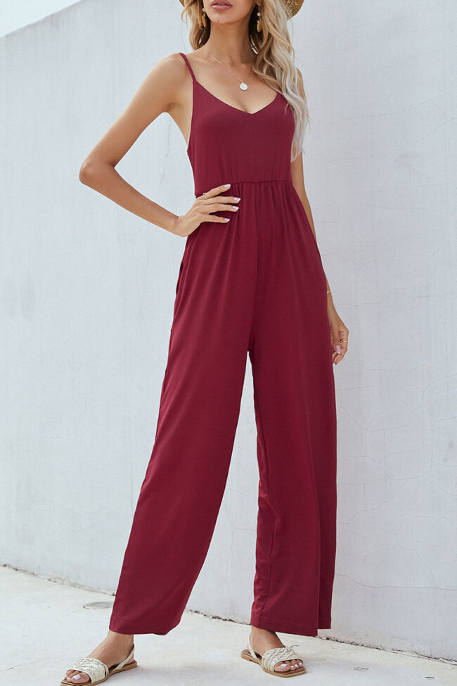 Fashion Street Solid Split Joint V Neck Loose Jumpsuits