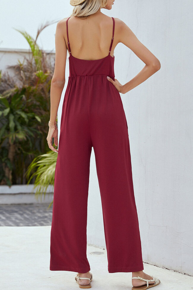 Fashion Street Solid Split Joint V Neck Loose Jumpsuits