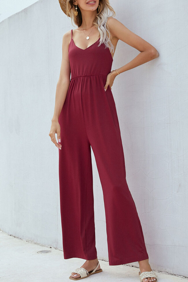 Fashion Street Solid Split Joint V Neck Loose Jumpsuits