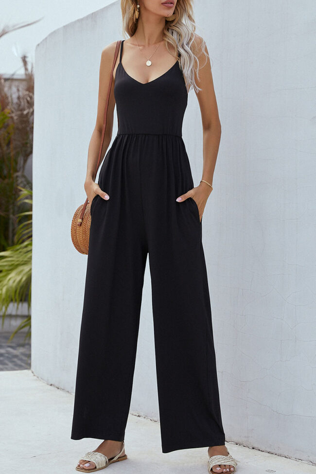 Fashion Street Solid Split Joint V Neck Loose Jumpsuits