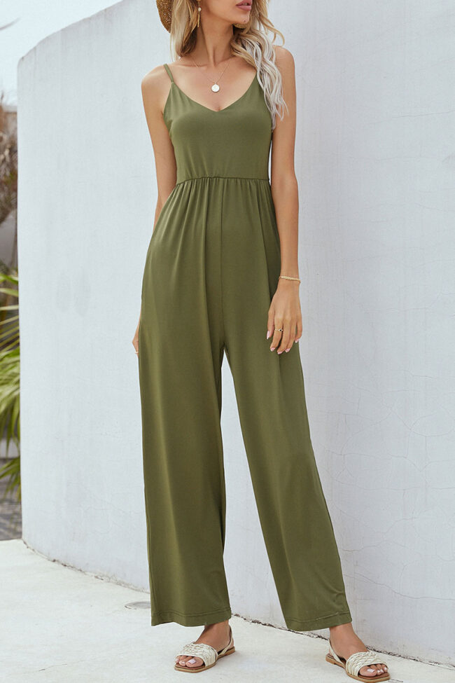 Fashion Street Solid Split Joint V Neck Loose Jumpsuits