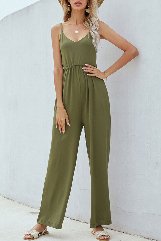 Fashion Street Solid Split Joint V Neck Loose Jumpsuits