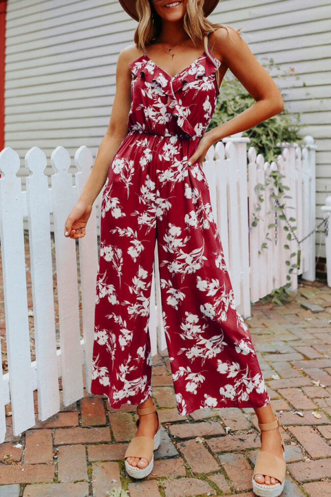 Fashion Casual Print Split Joint V Neck Loose Jumpsuits