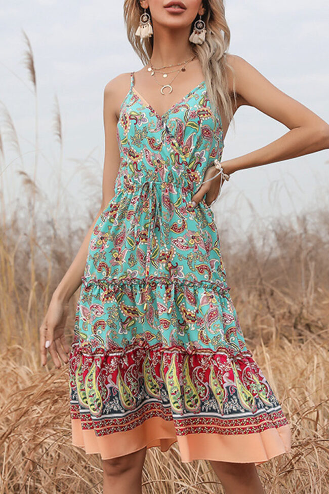 Fashion Street Print Split Joint V Neck A Line Dresses