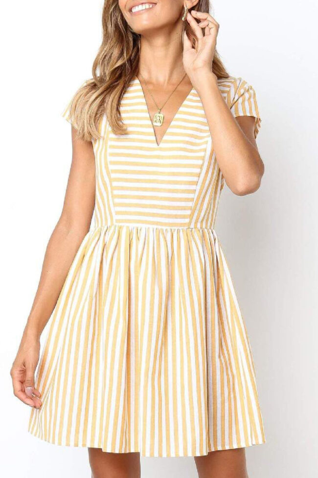 Fashion Elegant Striped Split Joint V Neck A Line Dresses