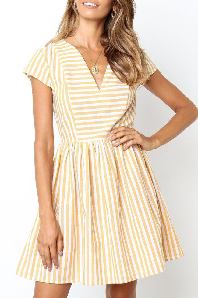 Fashion Elegant Striped Split Joint V Neck A Line Dresses