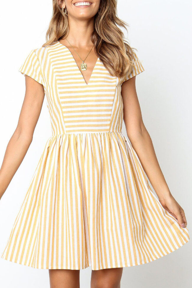 Fashion Elegant Striped Split Joint V Neck A Line Dresses