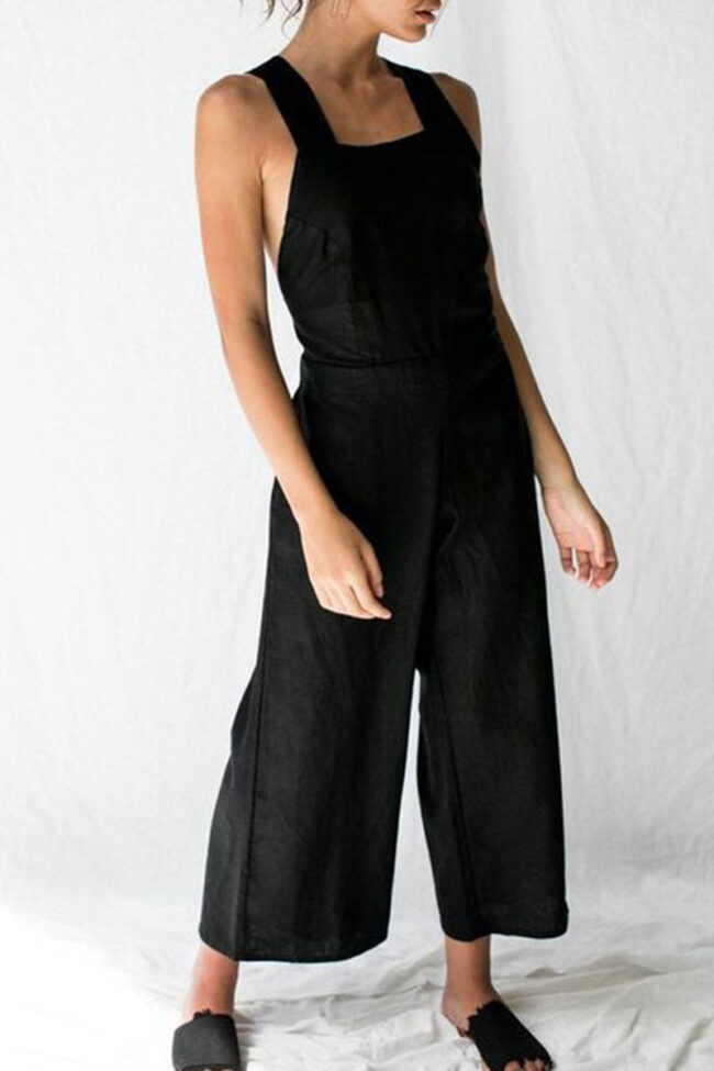 Fashion Casual Solid Backless Square Collar Loose Jumpsuits