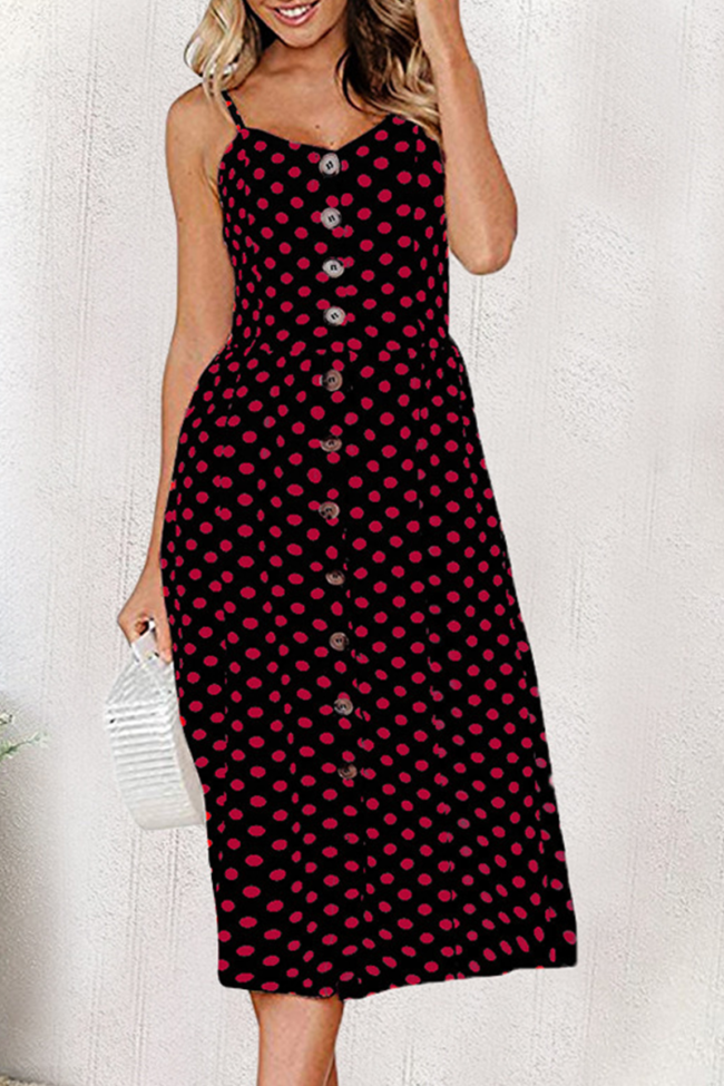 Sweet Dot Solid Pocket Buckle Spaghetti Strap A Line Dresses