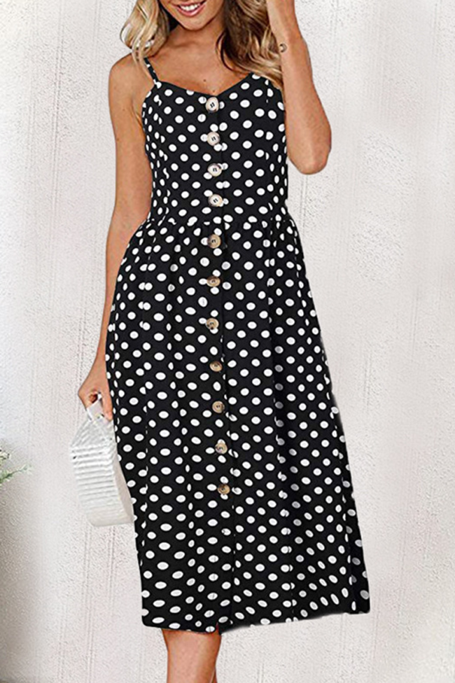 Sweet Dot Solid Pocket Buckle Spaghetti Strap A Line Dresses