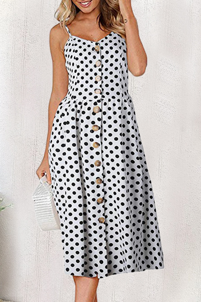 Sweet Dot Solid Pocket Buckle Spaghetti Strap A Line Dresses