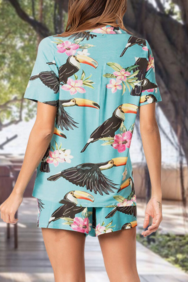 Sexy Print Split Joint Turndown Collar Short Sleeve Two Pieces