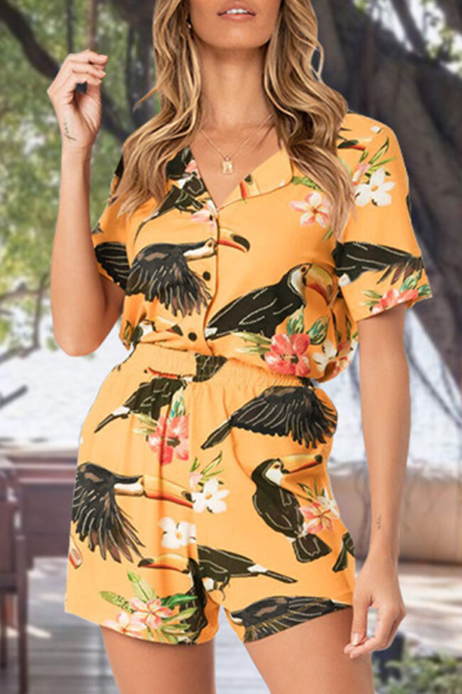 Sexy Print Split Joint Turndown Collar Short Sleeve Two Pieces