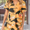 Sexy Print Split Joint Turndown Collar Short Sleeve Two Pieces