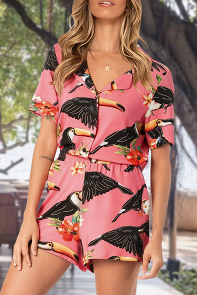 Sexy Print Split Joint Turndown Collar Short Sleeve Two Pieces