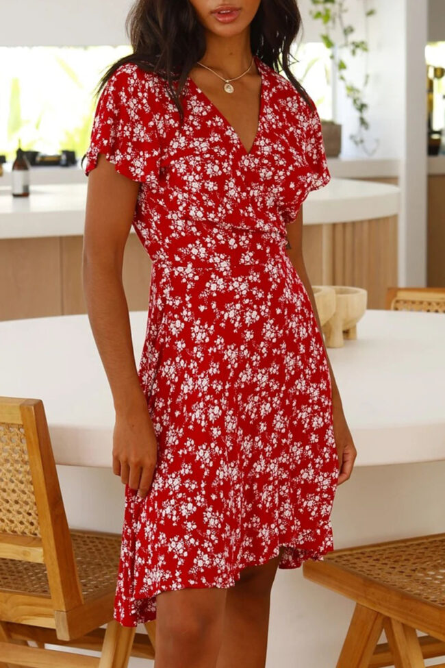 Fashion Sweet Print Split Joint V Neck A Line Dresses