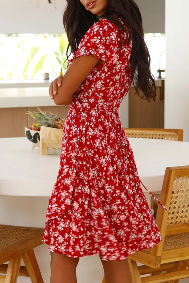 Fashion Sweet Print Split Joint V Neck A Line Dresses