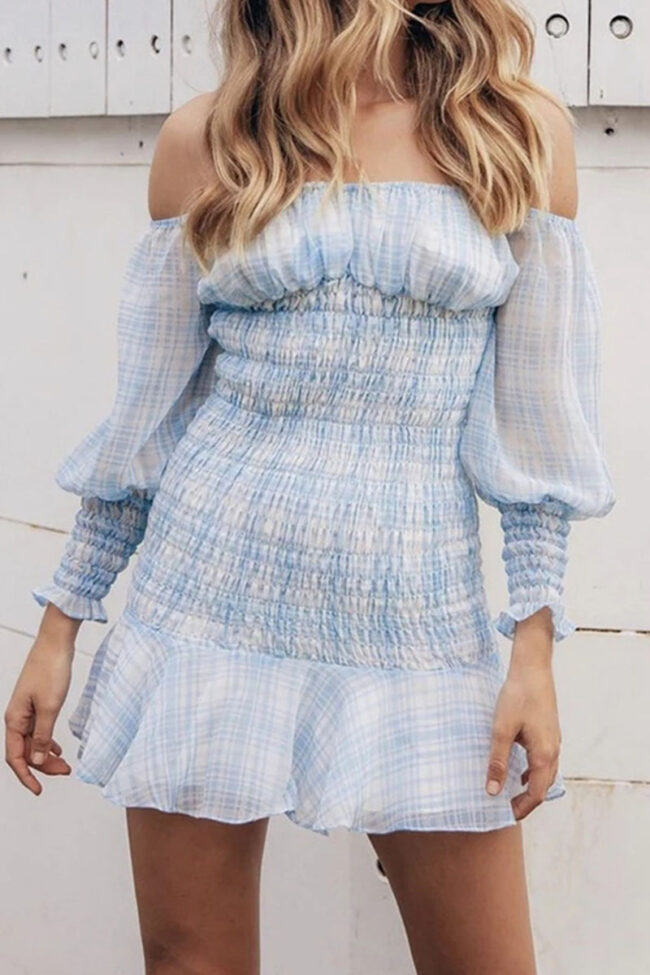 Fashion Sexy Plaid Fold Off the Shoulder A Line Dresses