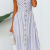 Casual Striped Patchwork Solid Pocket Buckle Waist Skirt Dresses