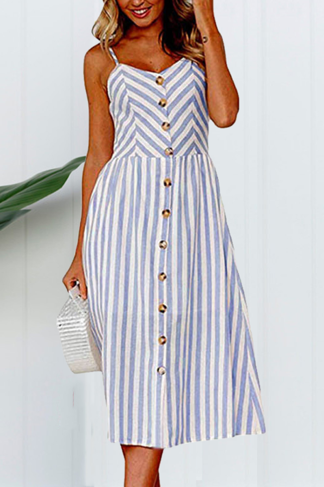 Casual Striped Patchwork Solid Pocket Buckle Waist Skirt Dresses